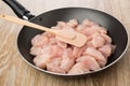 Pieces of raw chicken meat in frying pan and spatula Royalty Free Stock Photo