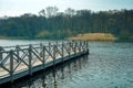 A pier leading to a lake with a forest