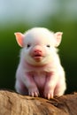 Small pig sitting on top of tree branch with its eyes open. Generative AI Royalty Free Stock Photo