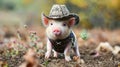 A small pig wearing a cowboy hat and riding on the ground, AI Royalty Free Stock Photo