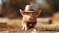 A small pig wearing a cowboy hat and standing on dirt, AI Royalty Free Stock Photo