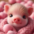 A small piglet is nestled in soft pink knitted fabric.