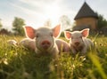 beautiful pigs on green meadow