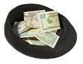 Small pile of money lies in a cap.