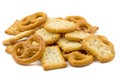 A small pile of party snacks crackers and pretzels Royalty Free Stock Photo