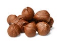 A small pile of peeled hazelnuts on a white isolated background. Side view.Macro Royalty Free Stock Photo