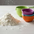 A small pile of white flour is on a light-colored surface with flour dust gently falling Royalty Free Stock Photo