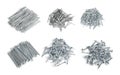 Small piles of different metal nails.