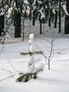 A small pine tree covered in snow against the backdrop of a snow-covered forest. Winter landscape Royalty Free Stock Photo