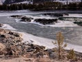 A small pine tree on the rocky shore of a beautiful ice-bound mountain river surrounded by snow-capped mountains