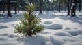 Small pine tree sapling in a snowy winter forest landscape scene view Royalty Free Stock Photo