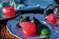 Pink Mexican candied pears in vintage glass dessert dishes