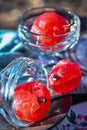 Pink Mexican candied pears in vintage glass dessert dishes