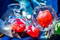 Pink Mexican candied pears in vintage glass dessert dishes