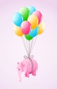 Small pink elephant flying at colourful air