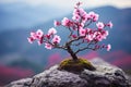 a small pink flowered tree growing on a rock