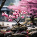 a small pink flowered tree growing on rocks