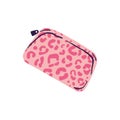 Small pink makeup bag on zipper. Toiletry pouch with leopard skin pattern. Closed cosmetics case of beauty tools