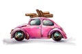Small, pink, old, car. Travel by car. car on a white background. suitcases for travel.