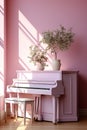 A small pink piano is standing in a pink room