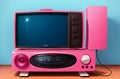 Small pink retro TV. Ancient bright television in room. Generative AI.