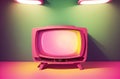 Small pink retro TV. Ancient bright television in room. Generative AI.