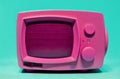 Small pink retro TV. Ancient bright television in room. Generative AI.