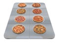 Small pizza in a blister instead of pills. Fast food in serving size on a white background. Creative concept. 3D render
