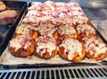 small pizzas freshly baked in a bakery Royalty Free Stock Photo