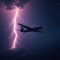 Small plane in colossal dark storm, lightning strikes , intense, nature, adventure Royalty Free Stock Photo