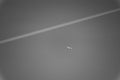 Small plane flying in the gray sky with a jet trail Royalty Free Stock Photo