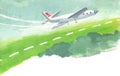 Small plane lands on an green ecological runway. Gouache illustration Royalty Free Stock Photo