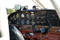 Small plane on the runway, airplane barn, Cockpit of small private lightweight vintage airplane closeup image Royalty Free Stock Photo