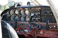 Small plane on the runway, airplane barn, Cockpit of small private lightweight vintage airplane closeup image Royalty Free Stock Photo