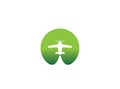 Small plane travel agency logo design idea with an airplane across the green circle negative space. Amazing destinations creative Royalty Free Stock Photo