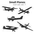 Small planes vector illustration set. Single engine propelled passenger aircraft. Royalty Free Stock Photo