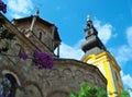 Small plant with bunch of purple flowers and church towers behind it Royalty Free Stock Photo