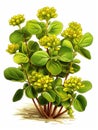 Small plant with green leaves and yellow flowers. It is growing in ground, surrounded by dirt or sand. There are also