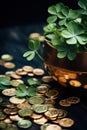 A small plant growing in a bowl of coins on top of some money, AI