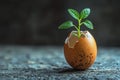 Small plant growing in an eggshell placed on a dark background, symbolizing new beginnings, hope, and growth Royalty Free Stock Photo