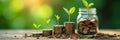 Small plant growing from stacked coins inside a mason jar , stack, saving, seedling Royalty Free Stock Photo