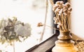 A small plant pot displayed in the window. Bouquet of flowers near window with curtain Royalty Free Stock Photo