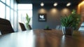 Small Plant Sits on Conference Table in Modern Office with Workspace Ready for Meeting and Collaboration Royalty Free Stock Photo