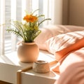 A small plant sits on a white table next to a bed. Royalty Free Stock Photo