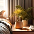 A small plant sits on a white table next to a bed. Royalty Free Stock Photo