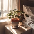 A small plant sits on a white table next to a bed. Royalty Free Stock Photo