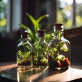 small plant terrarium in jars with rocks and mossen inside Royalty Free Stock Photo