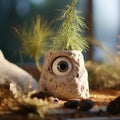 A small plant in a vase with a creepy looking eye, AI