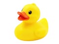 A small plastic yellow duck with a bright red beak, suitable for bath time or as a decorative item Royalty Free Stock Photo