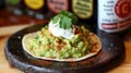 A small plate of guacamole with a dollop on top, AI Royalty Free Stock Photo